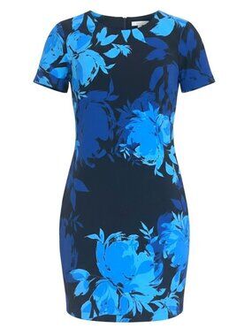 Trina Turk Size 6 Natasha Black & Blue Floral Short Sleeve Sheath Dress